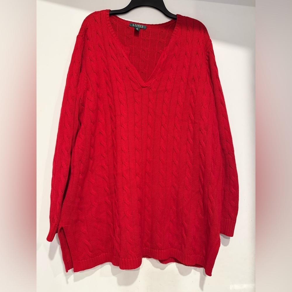 Lauren Ralph Lauren Sweater Womens PLUS 3X Red Cable Knit Cotton Vneck Tunic - Picture 2 of 5